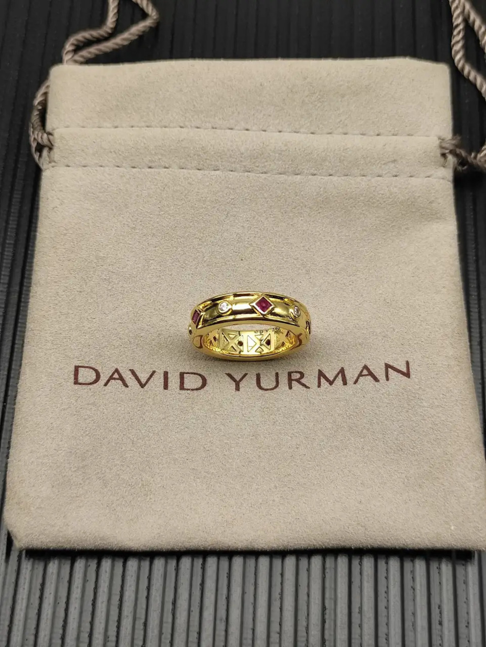 David Yurman gold ring with red diamonds
